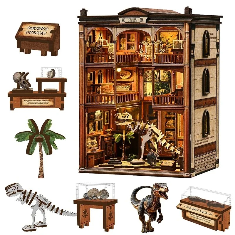 Diy Wooden Book Nook Kit Shelf Insert - DIY-Bücherregal-Einsatz-Set „Fossilienmuseum“ – Miniatur-Puppenhaus 3D-Puzzle-Montagemodell für