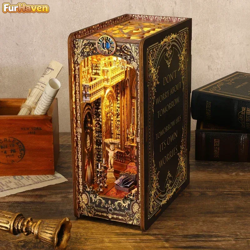 Diy Wooden Book Nook Kit Shelf Insert - DIY Holz-Buchnischen-Einsatz-Sets, Miniatur-Kirchen-Buchstützen, Puppenhaus-Bücherregal, Handgefertigte Geschenke,